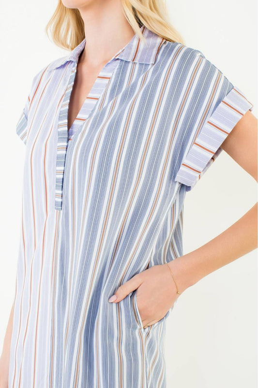 Short Sleeve Striped Pattern V-Neck Dress