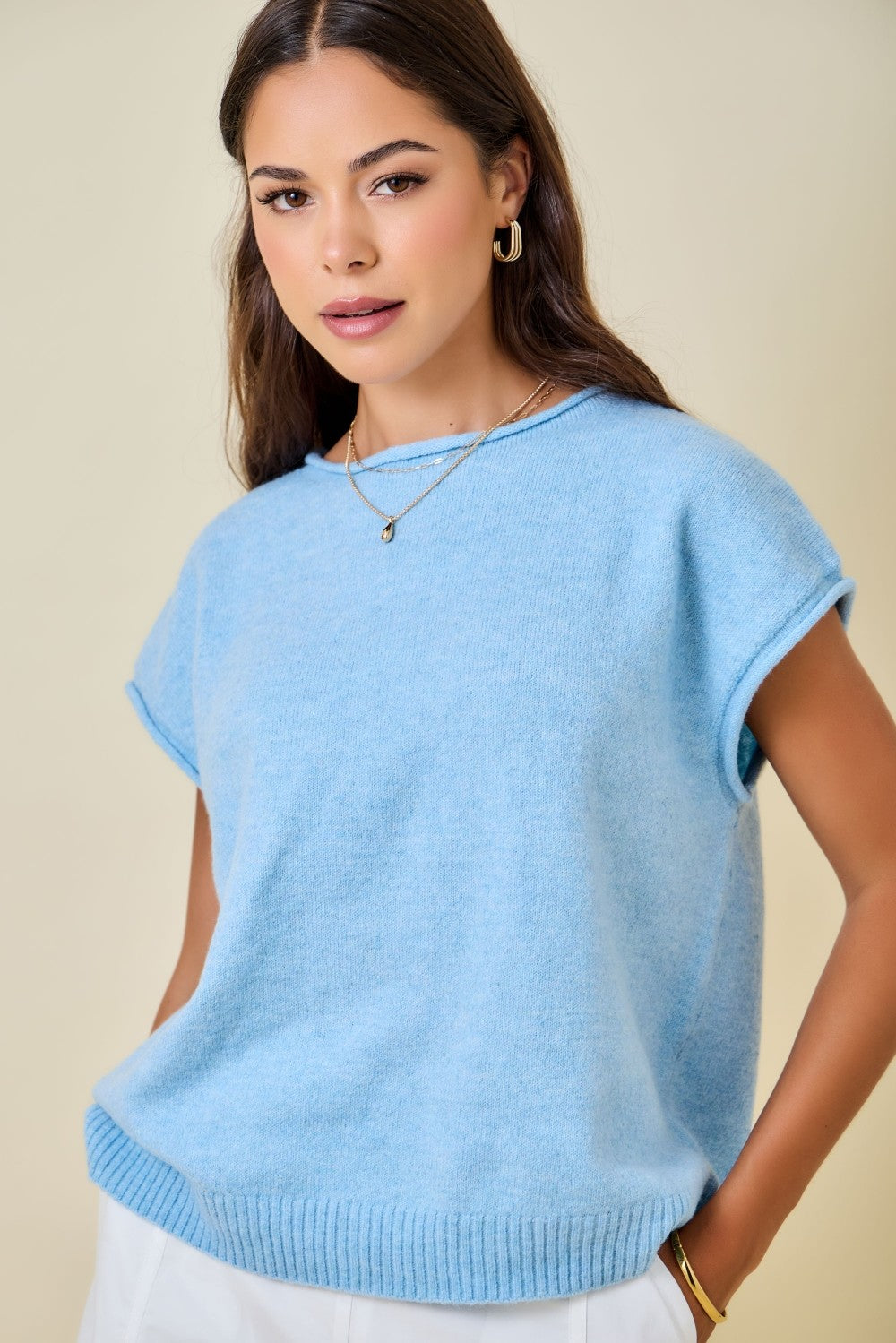 Cap Sleeve Sweater Knit Top Blue