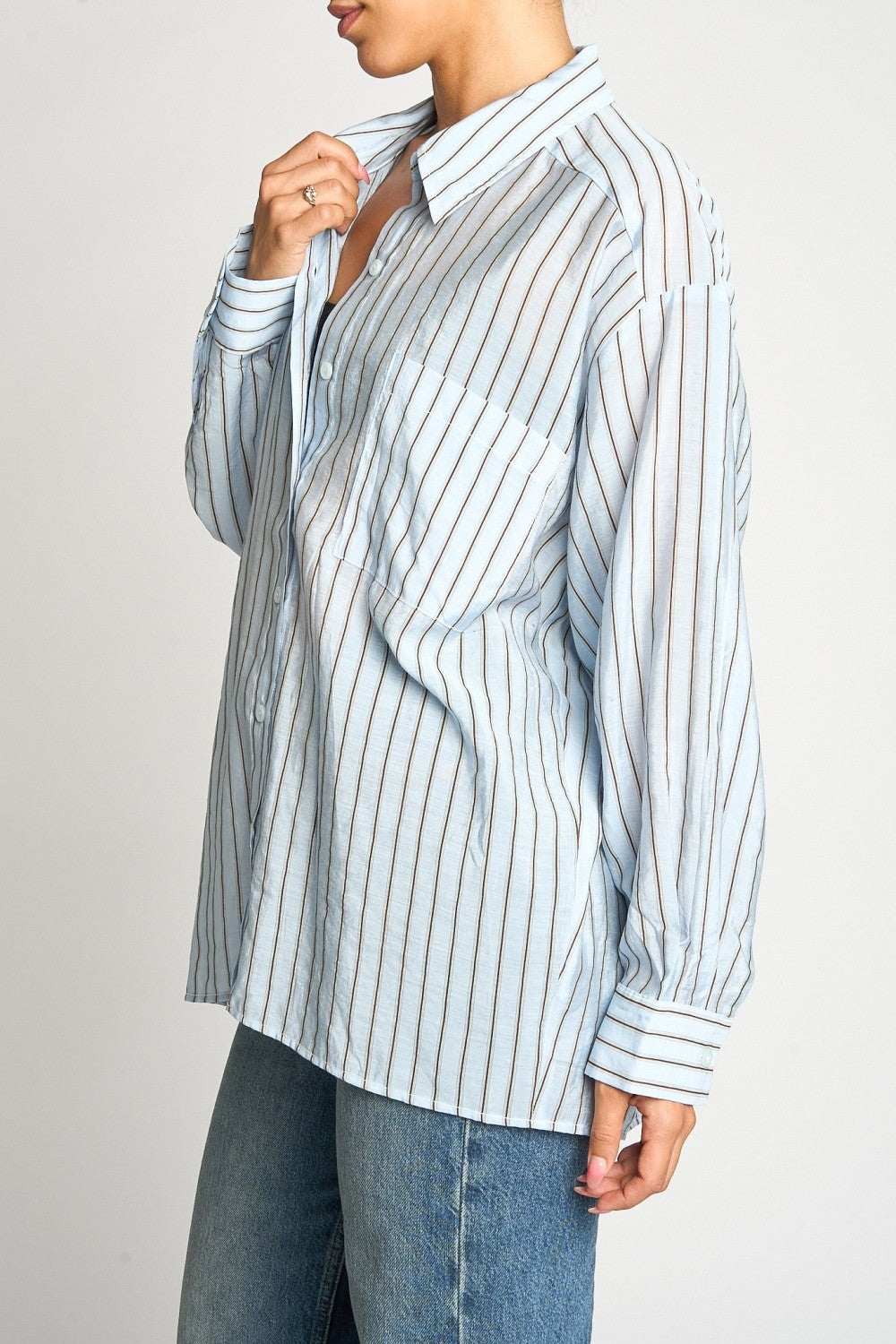 Striped Button Down Shirt With Pocket Blue