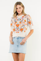 Short Sleeve Floral Crew Neck Sweater