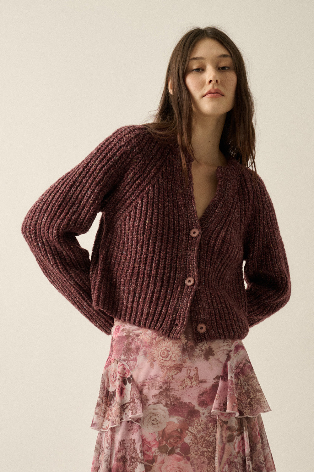 Button-Front Ribbed-Knit Cardigan Plum