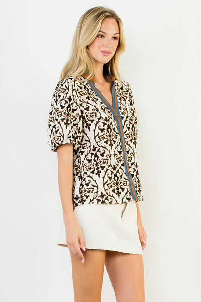 Print Bubble Sleeve Top With Contrast Band