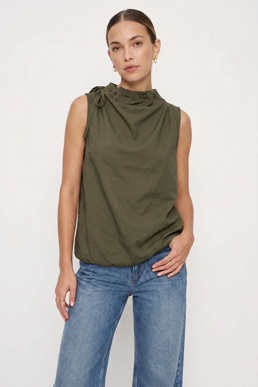 Cinched Mock Neck Sleeveless Top Dark Olive