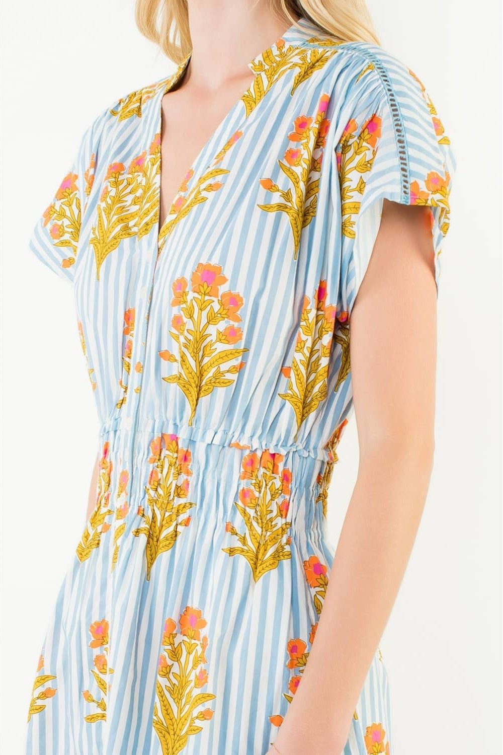 Short Sleeve Floral Striped Print Dress