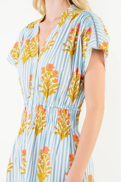 Short Sleeve Floral Striped Print Dress