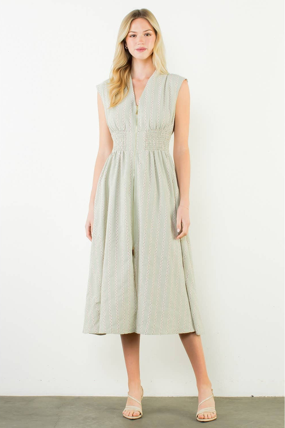 Sleeveless Striped Pattern V-Neck Dress