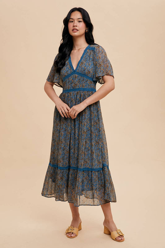 Paisley Flutter Sleeve Midi Dress