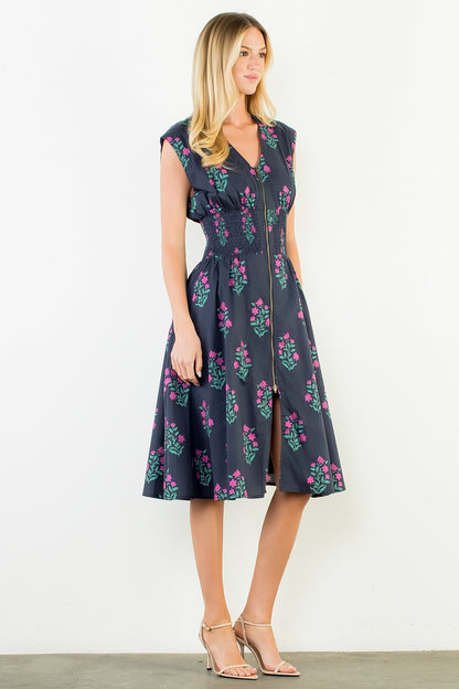 Sleeveless Floral Midi Dress Navy
