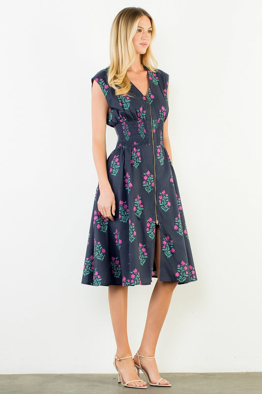 Sleeveless Floral Midi Dress Navy