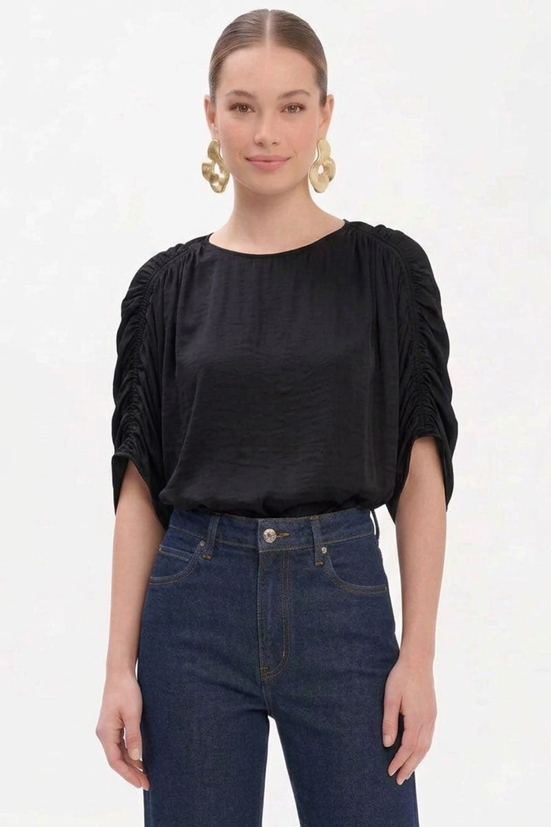 Shirred Bat Sleeve Blouse Black