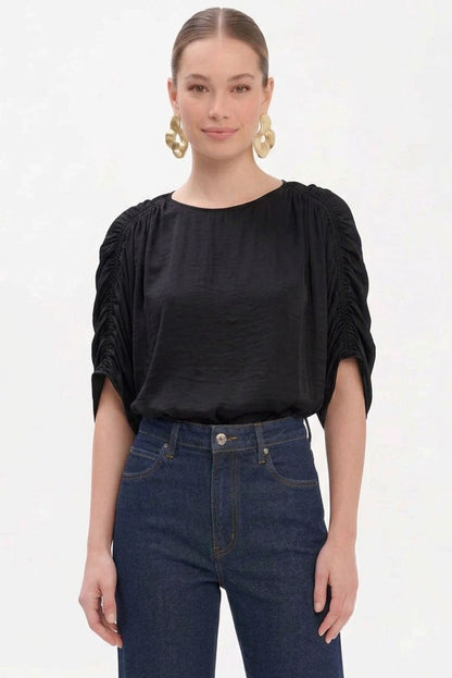 Shirred Bat Sleeve Blouse Black