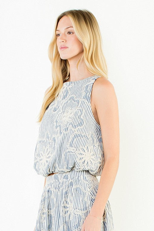 Sleeveless Embroidered Stripe Top