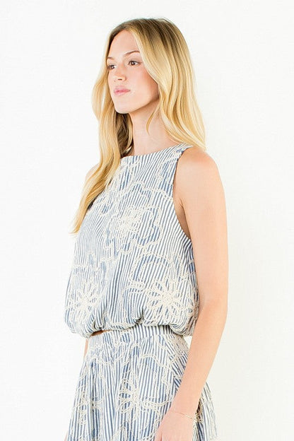 Sleeveless Embroidered Stripe Top