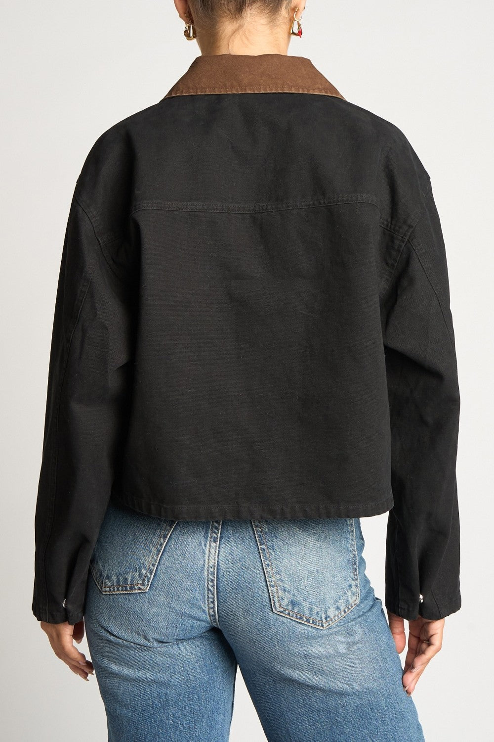 Zip Front Contrast Collar Cotton Jacket Black Brown