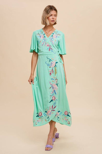 Floral Embroidered Wrap Midi Dress