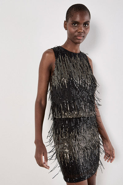 Sequin Stripe Fringe Skirt