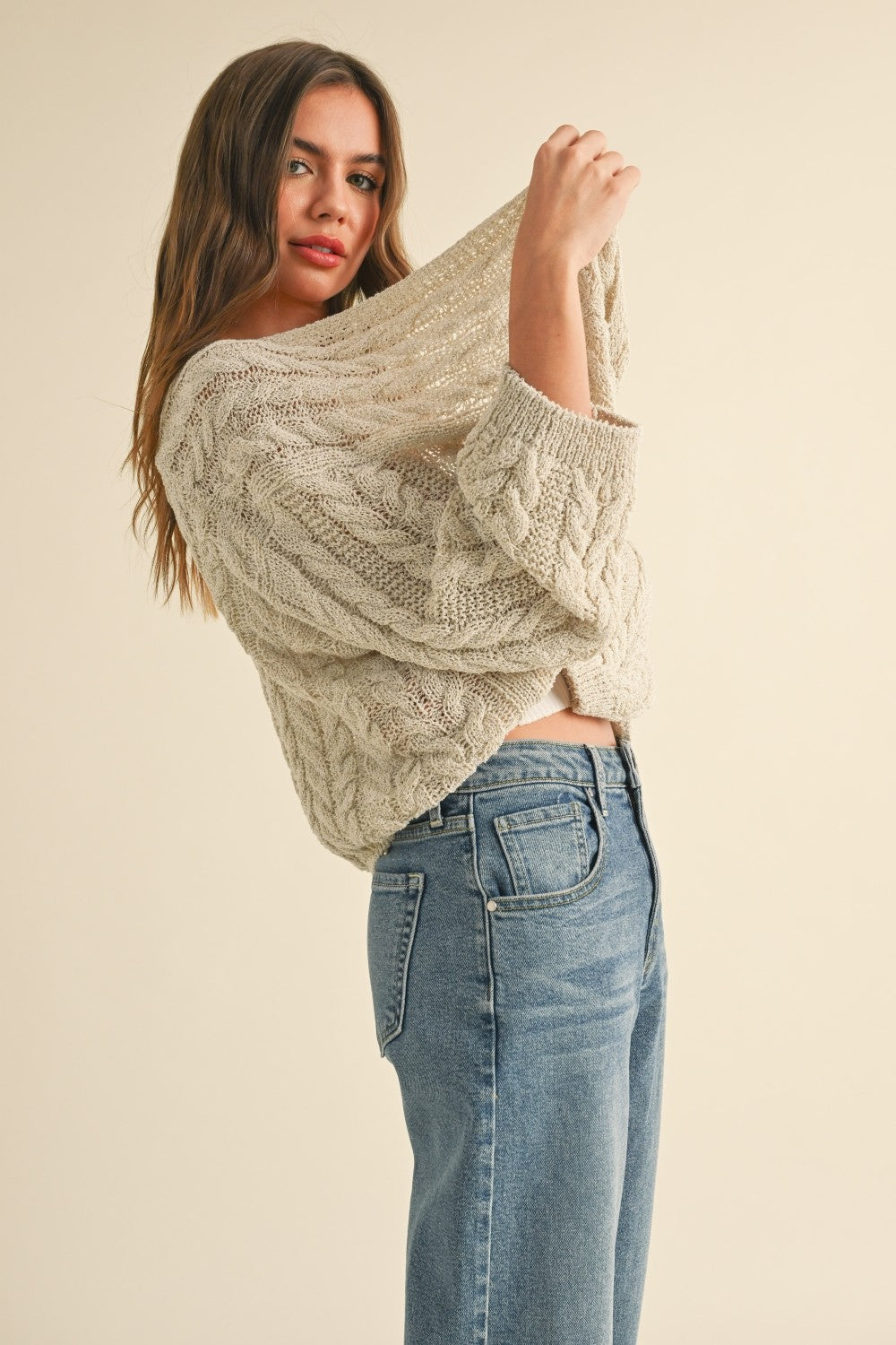 Light Weight Cable Knitted Cardigan Stone