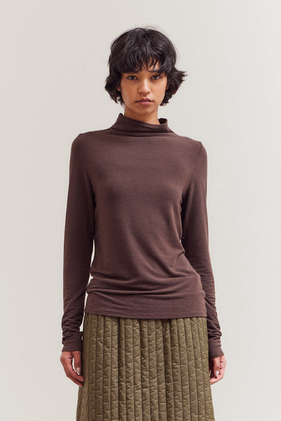 Mock Neck Jersey Top Dark Chocolate