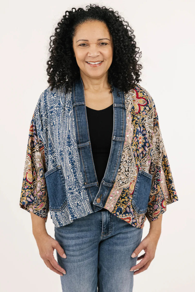 Karol Mixed Fabric Short Cardigan