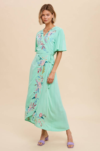 Floral Embroidered Wrap Midi Dress