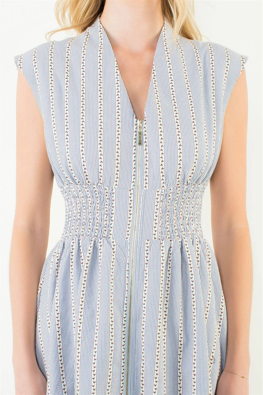 Sleeveless Striped Pattern V-Neck Dress