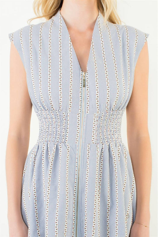 Sleeveless Striped Pattern V-Neck Dress
