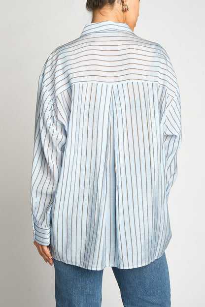 Striped Button Down Shirt With Pocket Blue