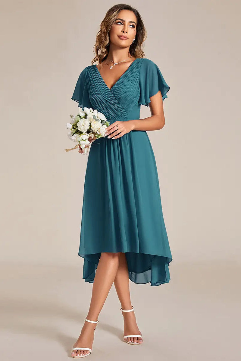 Pleated Ruffles Chiffon Dress Teal
