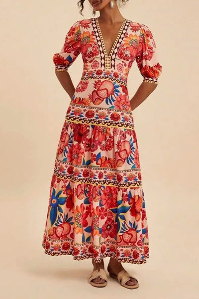 Tropical Print V-Neck Maxi Dress