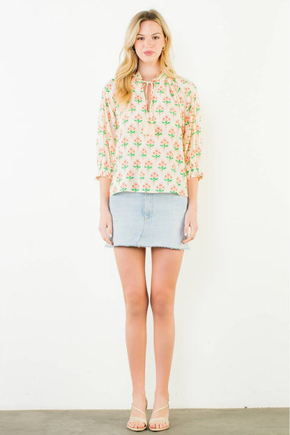 Long Sleeve Floral Pattern Tassel Top
