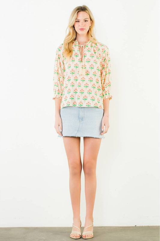 Long Sleeve Floral Pattern Tassel Top