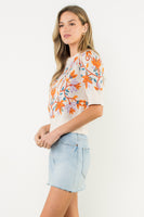Short Sleeve Floral Crew Neck Sweater
