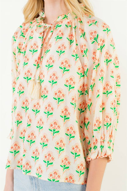 Long Sleeve Floral Pattern Tassel Top