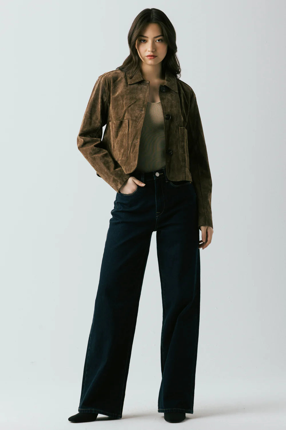Button Up Suede Jacket Black Coffee