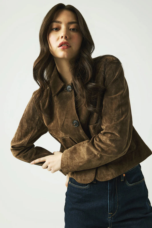 Button Up Suede Jacket Black Coffee