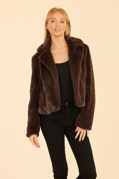 Plush Faux Fur Collar Jacket Dark Brown