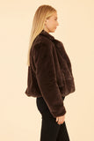 Plush Faux Fur Collar Jacket Dark Brown