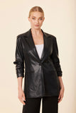 Faux Leather Ruched Sleeve Blazer Black