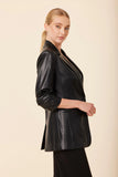 Faux Leather Ruched Sleeve Blazer Black