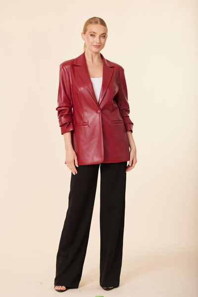 Faux Leather Ruched Sleeve Blazer Deep Red
