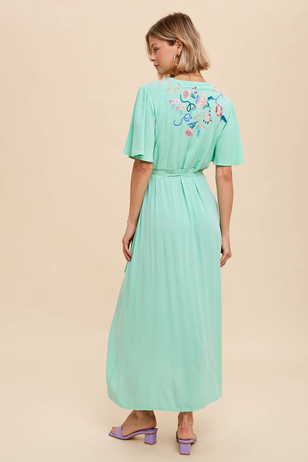 Floral Embroidered Wrap Midi Dress