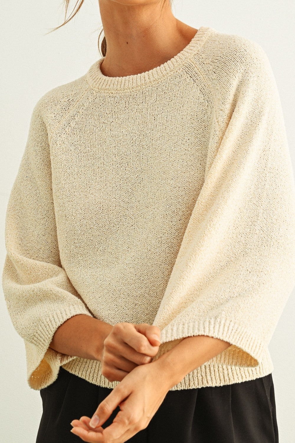 Round Neck 3/4 Sleeve Sweater Beige