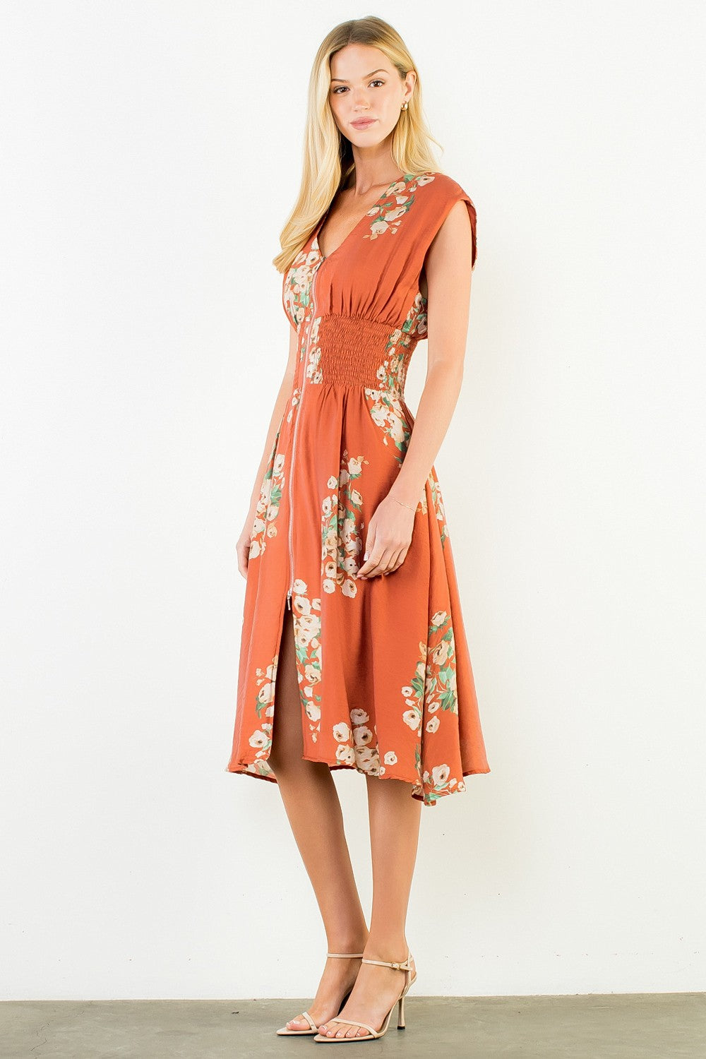 Sleeveless Floral Zipper Midi Dress Orange