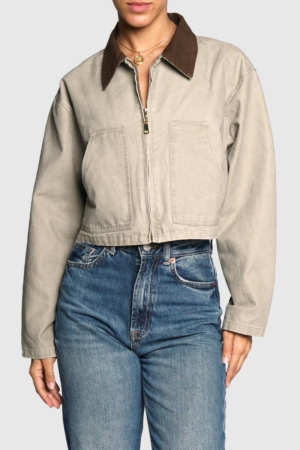 Zip Front Contrast Collar Cotton Jacket