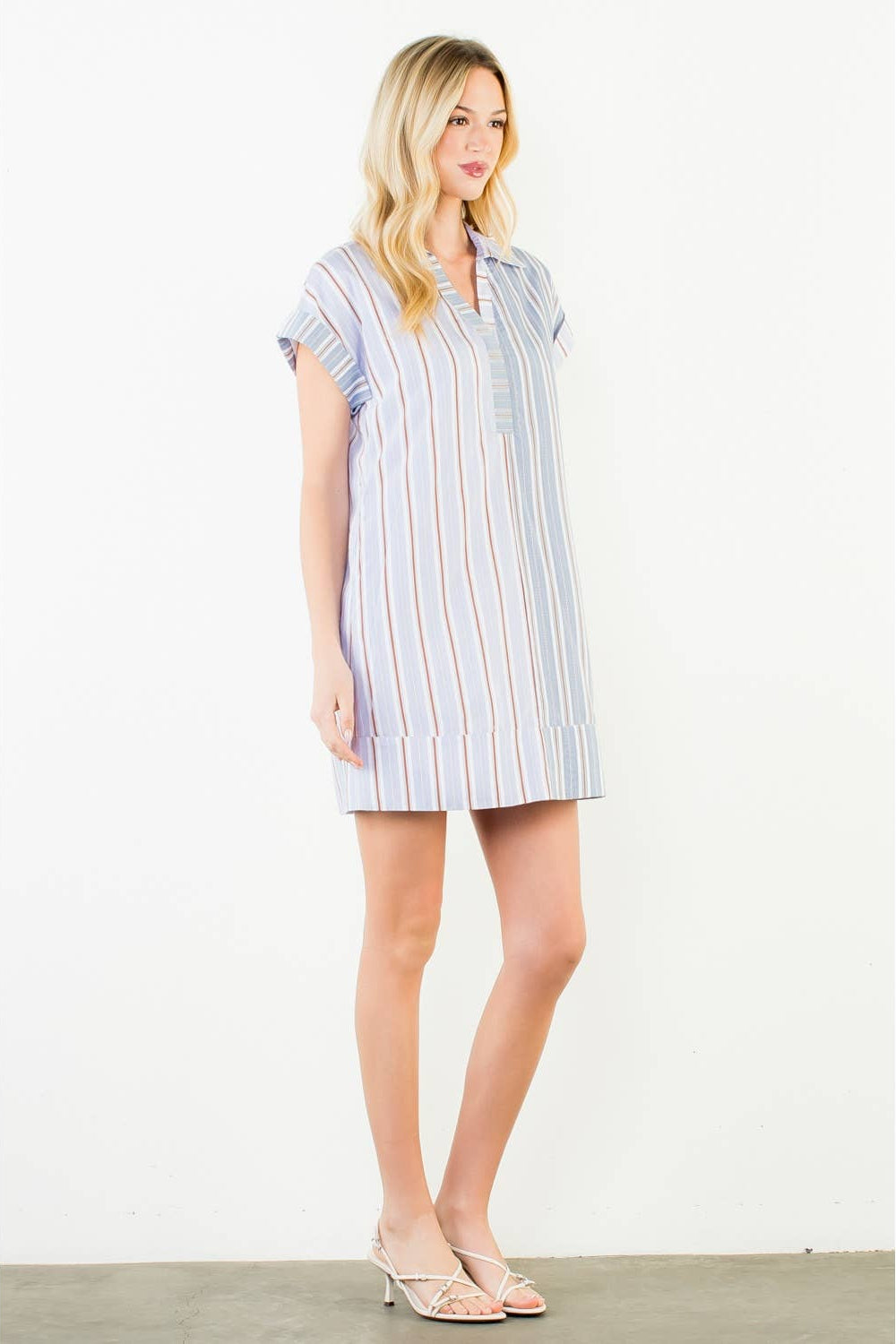 Short Sleeve Striped Pattern V-Neck Dress