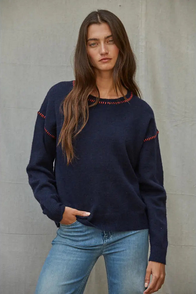 Contrast Stitch Detail Sweater Navy