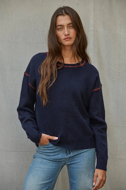 Contrast Stitch Detail Sweater Navy