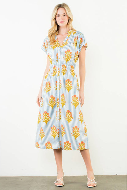 Short Sleeve Floral Striped Print Dress