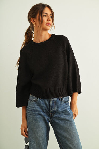 Round Neck 3/4 Sleeve Sweater Black