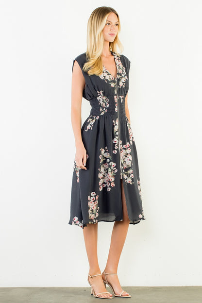 Sleeveless Floral Zipper Midi Dress Black